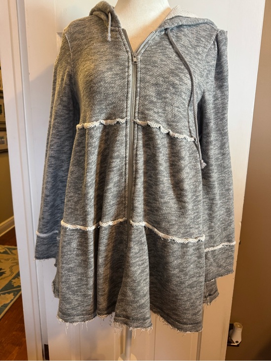 Free People Sweaters - Free People Gray Hooded Zip-Front Ruffle-Tier Sweater Medium cotton Boho